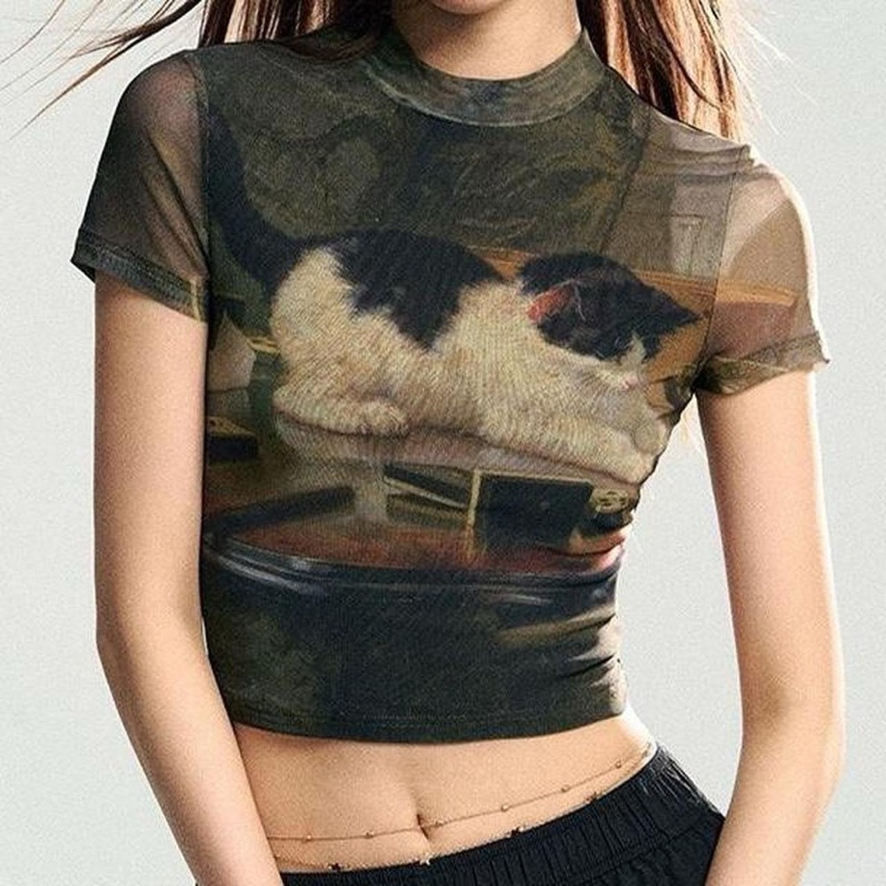 Sheer Cat-Print Crop Top - Black/White